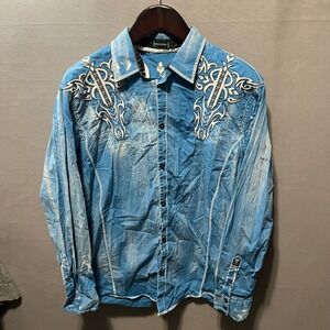 Signature Mens XL Blue Acid Wash Tribal Embroidered Long Sleeve Button Down